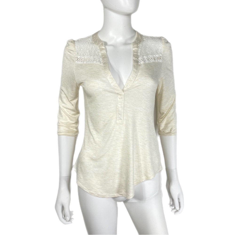 Paper + Tee Crochet Lace 3/4 Sleeve Off Center Knit Top